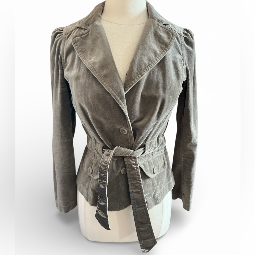 LOFT Cotton Velvet Taupe Belted Blazer Fabric buttons & slight puff sleeves 8P